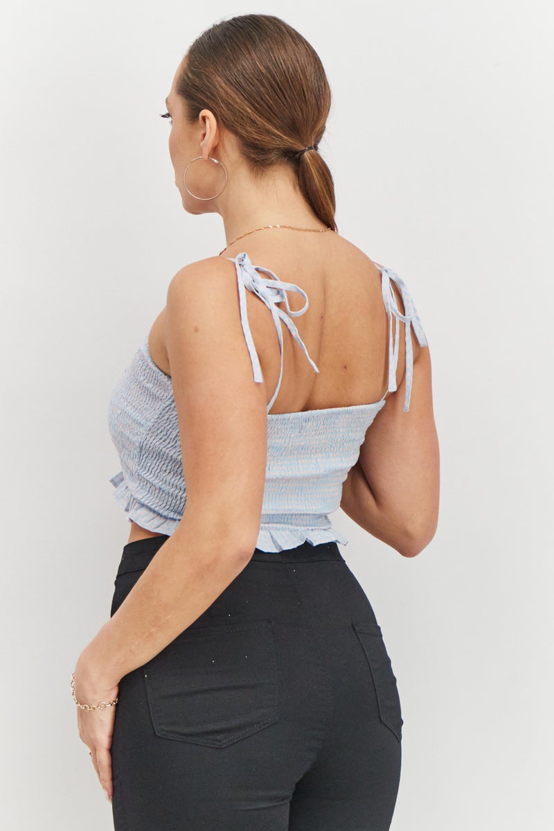 Blank NYC Women Square Neck Tie Sleeve Textured Crop Top, Light Blue and Pink - Image 4