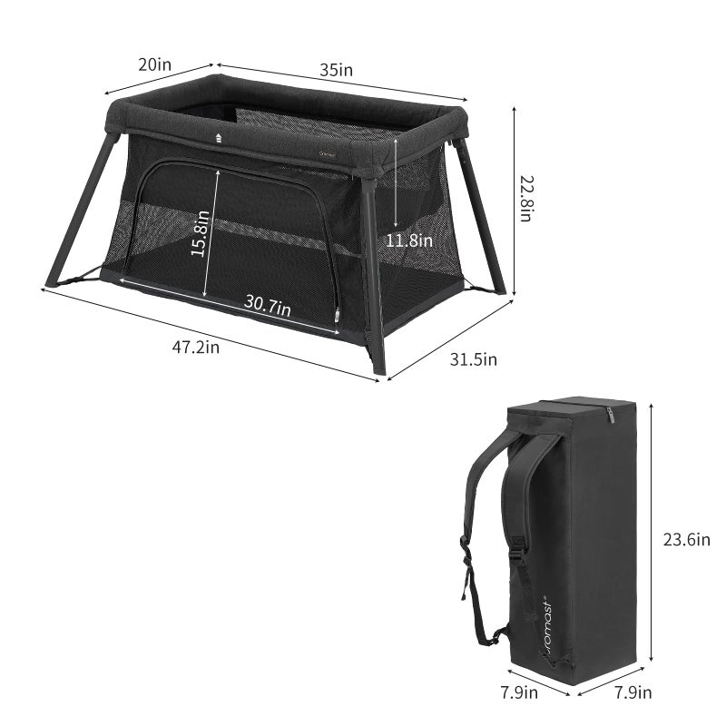 Gromast 2 in 1 Portable Travel Crib for Toddler, Foldable Crib for Baby, Lightweight Playpen Collapsible Playard with Soft Mattress, Easy to Carry Baby Travel Bed for Outdoor, Indoor (Black) - Image 2