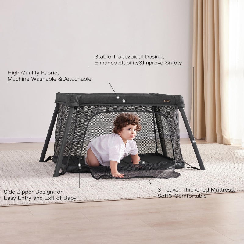Gromast 2 in 1 Portable Travel Crib for Toddler, Foldable Crib for Baby, Lightweight Playpen Collapsible Playard with Soft Mattress, Easy to Carry Baby Travel Bed for Outdoor, Indoor (Black) - Image 5