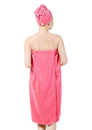 Fakeface Ladies Absorbent Microfiber Spa Bath Towels Body Wrap Cover Up Set Cozy Fleece Bathrobe Bath Towel Tube Dress Nightgown Sleepwear Shower Hair Drying Turban Cap Hat Bathroom Accessories for Women Girls - Image 3
