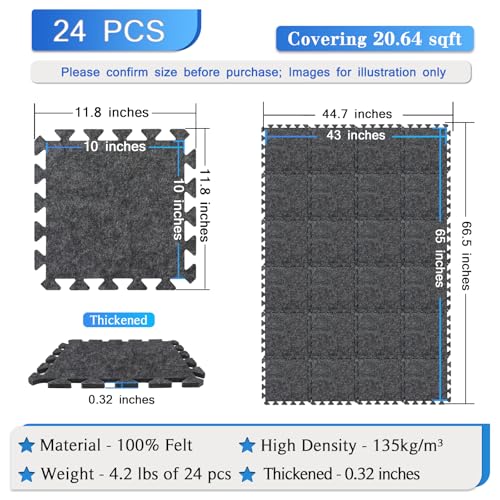 BXI Soundproof Interlocking Rug Pad 24 Pcs, 11x 11 x 0.32 inches Non Slip Rug Pads, High Density Noise Reduction Puzzle Felt Carpet Padding, Rug Mat Protects and Adds Cushion for Hardwood Floor - Image 2