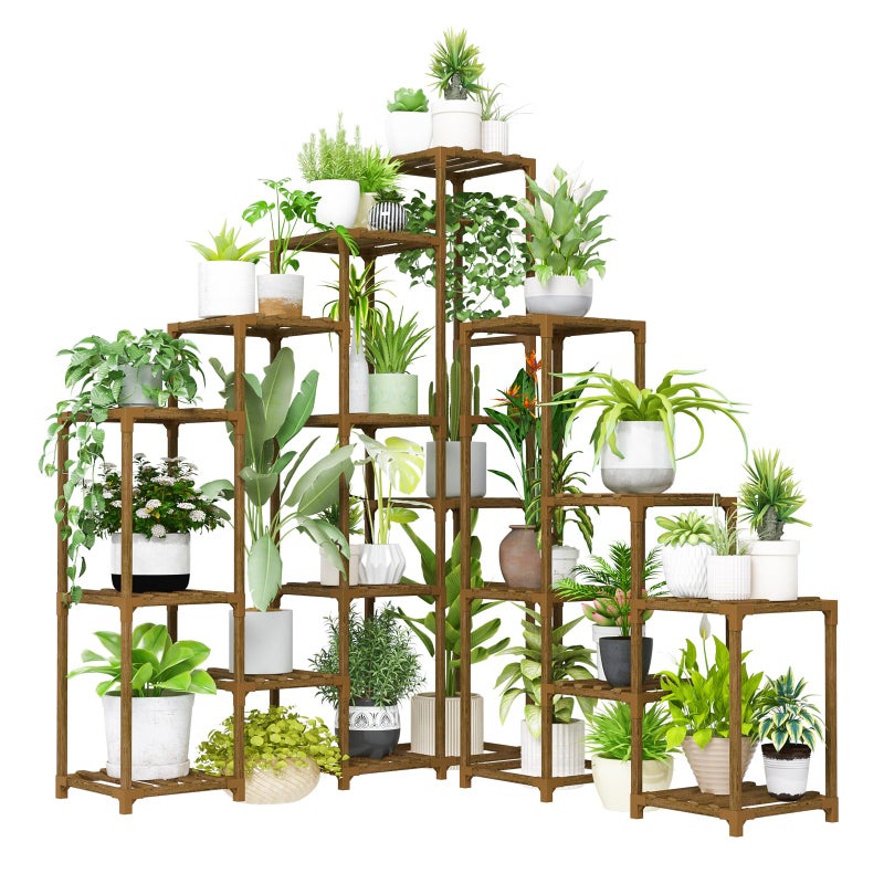 Bamworld Plant Shelf Indoor Large Plant Shelf Tall Flower Stands 16 Pots Outdoor Plant Rack for Garden Balcony Patio Window Living Room Corner Wood - Image 1