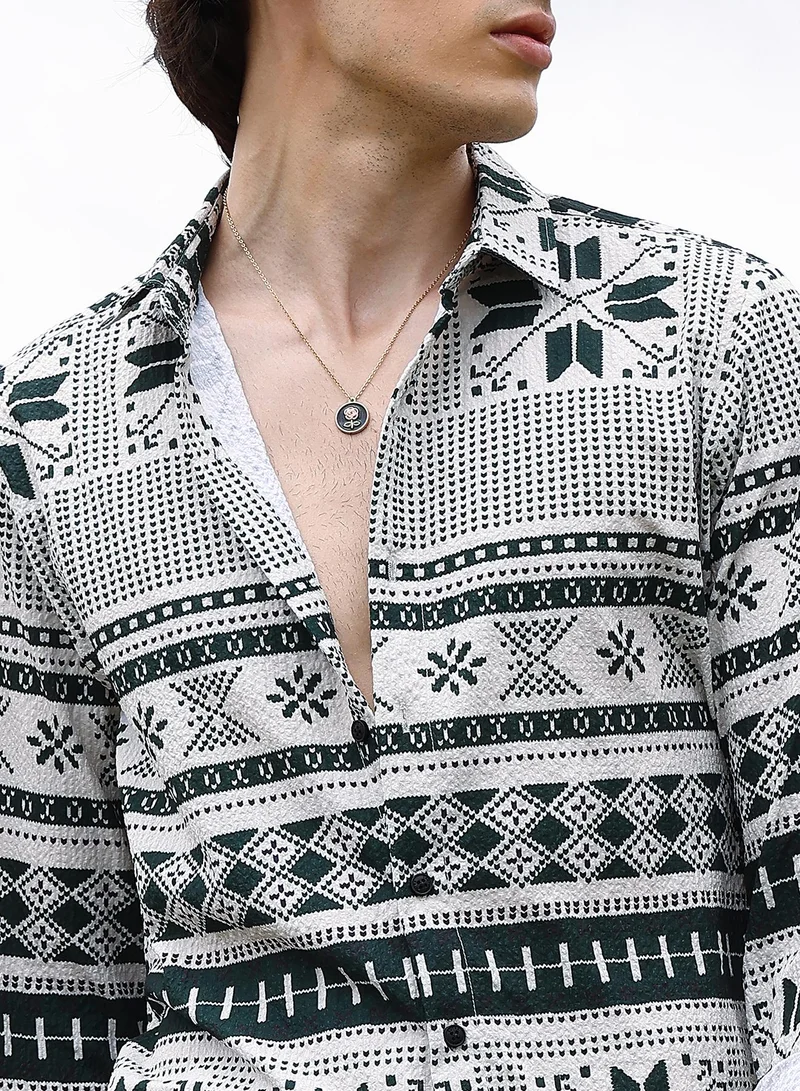 Campus Sutra Geometric Seersucker Shirt
