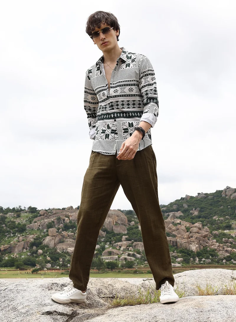 Campus Sutra Geometric Seersucker Shirt