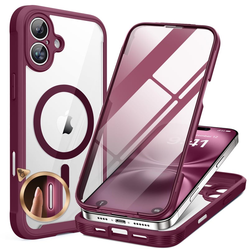 Miracase for iPhone 16 Case 6.1'', [Bubble Free] Full-Body Bumper Phone case with Built-in Full Glass Screen &Lens Protector,No Gap,Compatible with MagSafe,Drop Proof 16 Cover, Plum - Image 1