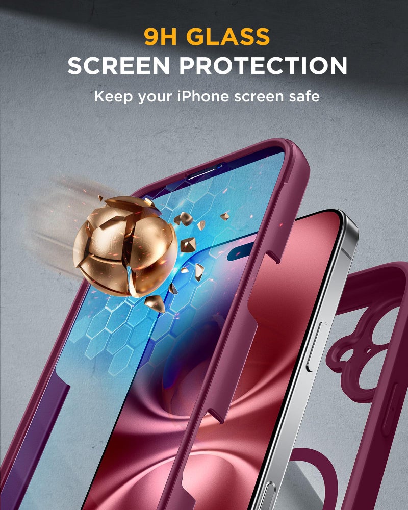 Miracase for iPhone 16 Case 6.1'', [Bubble Free] Full-Body Bumper Phone case with Built-in Full Glass Screen &Lens Protector,No Gap,Compatible with MagSafe,Drop Proof 16 Cover, Plum - Image 4