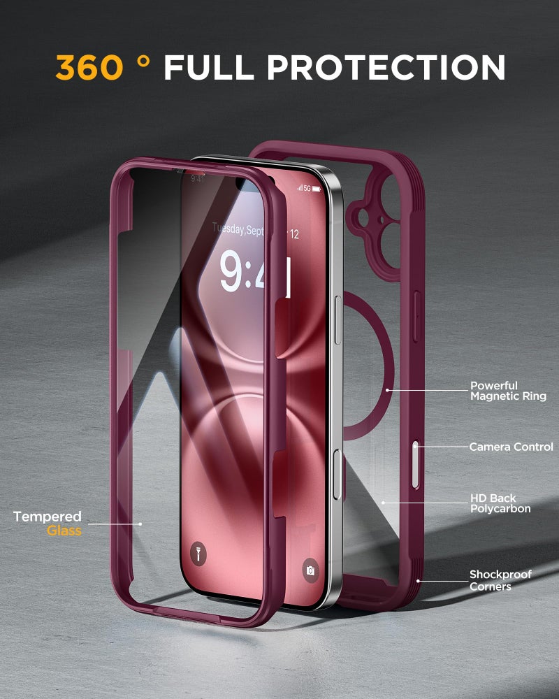 Miracase for iPhone 16 Case 6.1'', [Bubble Free] Full-Body Bumper Phone case with Built-in Full Glass Screen &Lens Protector,No Gap,Compatible with MagSafe,Drop Proof 16 Cover, Plum - Image 3