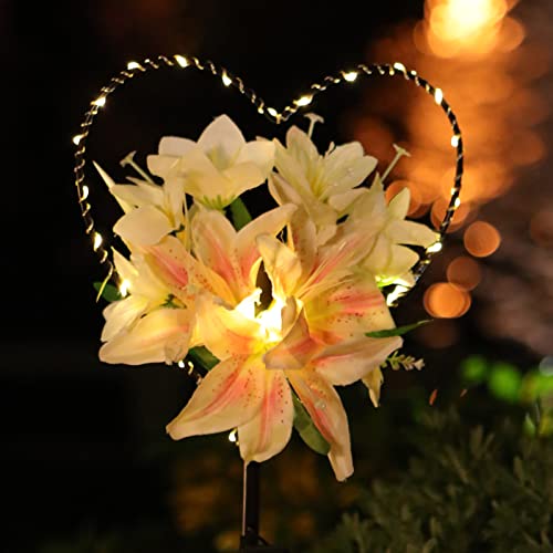 Starryfill Garden Solar Lights Outdoor Heart-Shaped with White Lily Flowers, Metal Stake Lights with 25led Warm White Decorative for Remembrance Gifts Cemetery Decorations Birthday's Day - Image 1