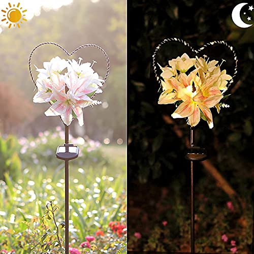 Starryfill Garden Solar Lights Outdoor Heart-Shaped with White Lily Flowers, Metal Stake Lights with 25led Warm White Decorative for Remembrance Gifts Cemetery Decorations Birthday's Day - Image 3