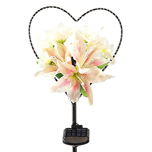Starryfill Garden Solar Lights Outdoor Heart-Shaped with White Lily Flowers, Metal Stake Lights with 25led Warm White Decorative for Remembrance Gifts Cemetery Decorations Birthday's Day - Image 2