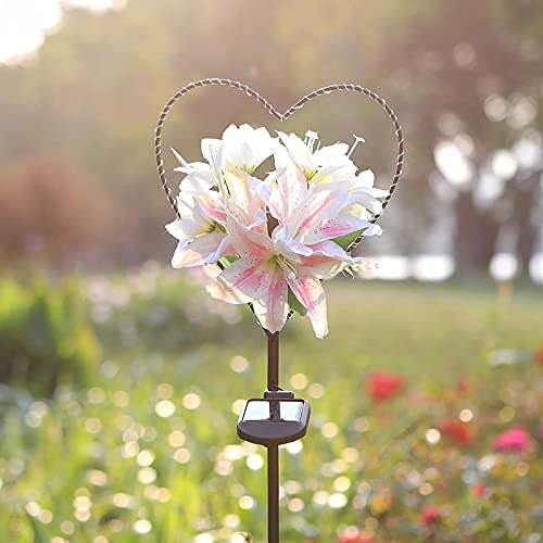 Starryfill Garden Solar Lights Outdoor Heart-Shaped with White Lily Flowers, Metal Stake Lights with 25led Warm White Decorative for Remembrance Gifts Cemetery Decorations Birthday's Day - Image 4