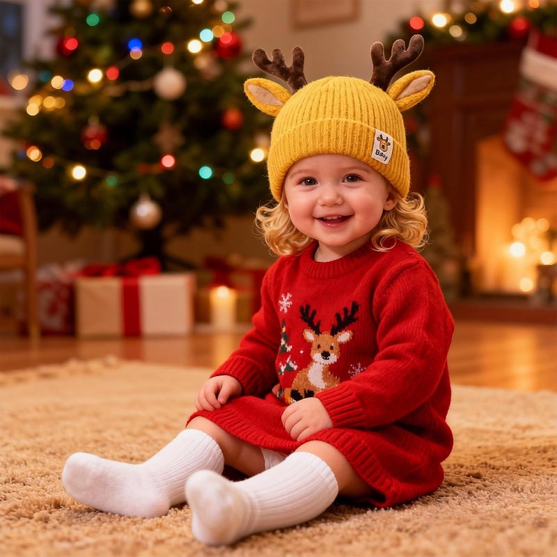 leomoste Baby Beanie Hat Cute Antlers Reindeer Crochet Knitted Hat Winter Warm Cap for Toddler Boys Girls - Image 2