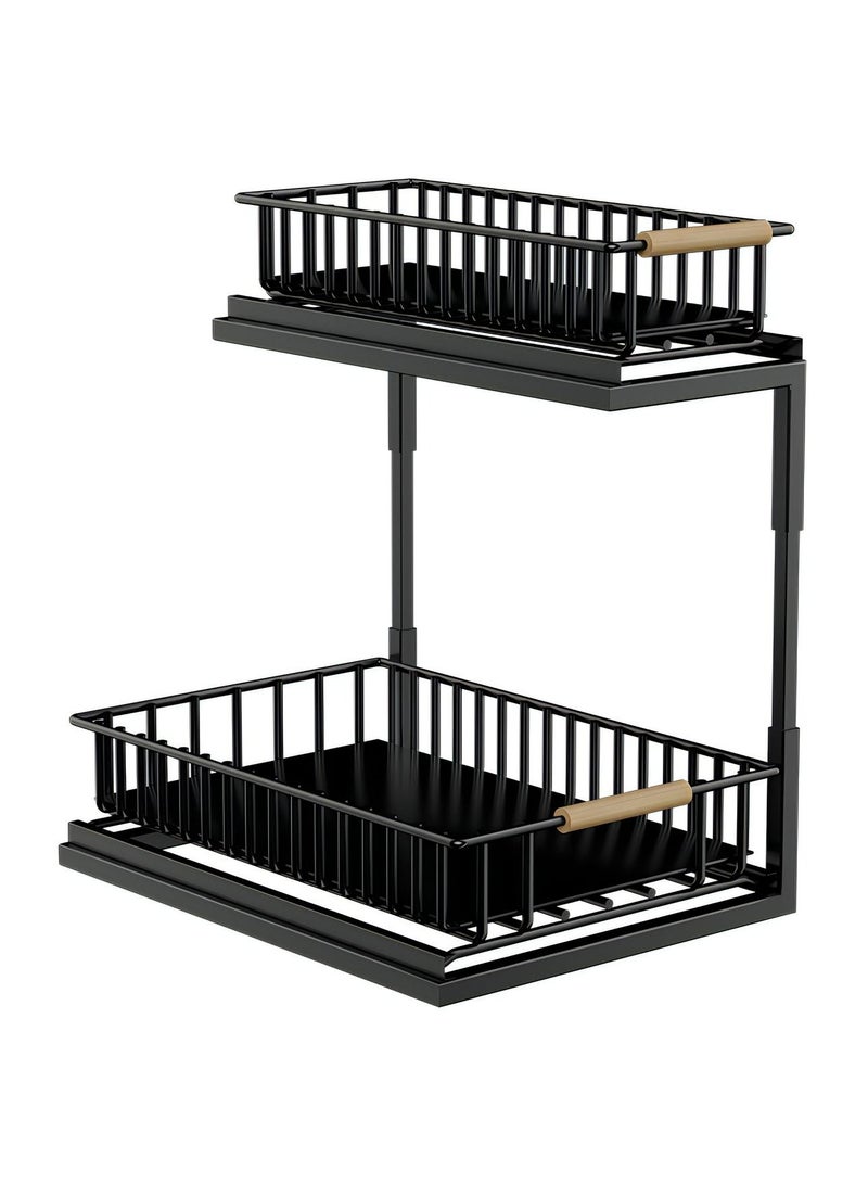 2 Tier Under Sink Storage Organizer with Sliding Drawer, Dish Drying Stand for Bathroom Kitchen Pantry, Easy to Install, Black  - Image 1