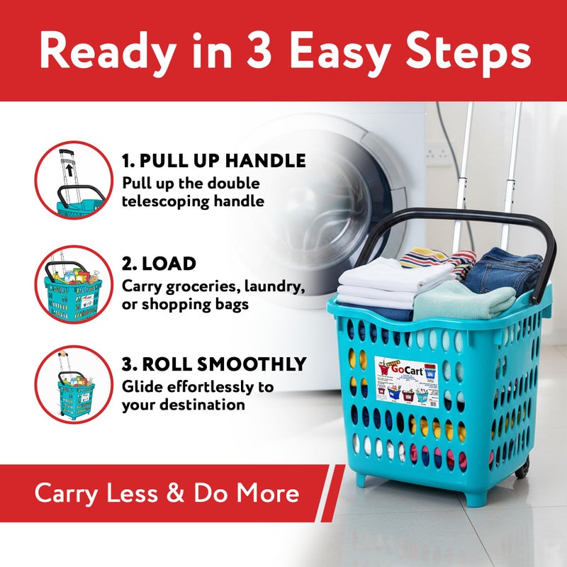 dbest products Bigger GoCart Grocery Cart Rolling Shopping Laundry Basket on Wheels Hamper with Telescopic Handle Cleaning Caddy Trolley, Teal, Bigger 1 pack - Image 2