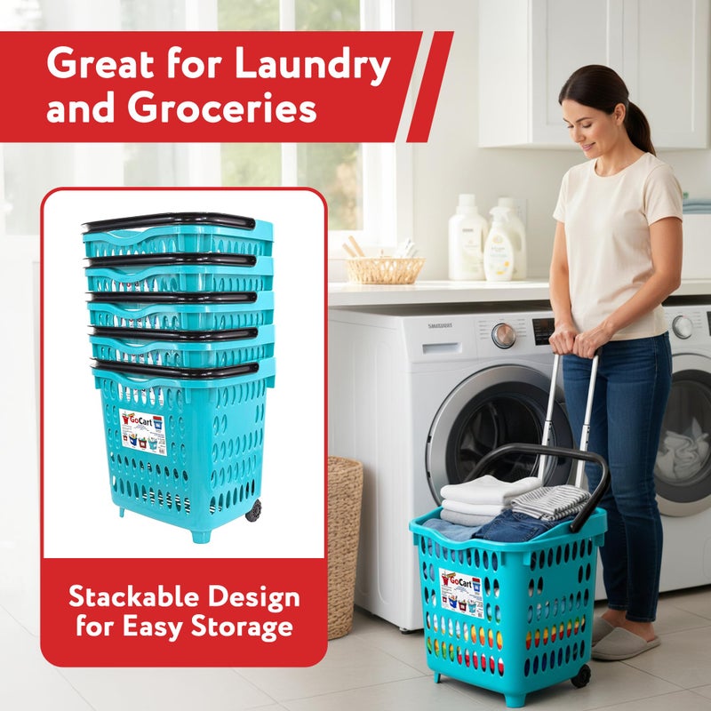 dbest products Bigger GoCart Grocery Cart Rolling Shopping Laundry Basket on Wheels Hamper with Telescopic Handle Cleaning Caddy Trolley, Teal, Bigger 1 pack - Image 3