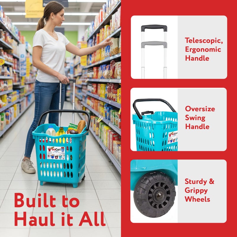 dbest products Bigger GoCart Grocery Cart Rolling Shopping Laundry Basket on Wheels Hamper with Telescopic Handle Cleaning Caddy Trolley, Teal, Bigger 1 pack - Image 5