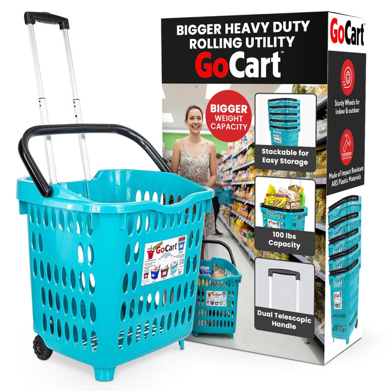 dbest products Bigger GoCart Grocery Cart Rolling Shopping Laundry Basket on Wheels Hamper with Telescopic Handle Cleaning Caddy Trolley, Teal, Bigger 1 pack - Image 1