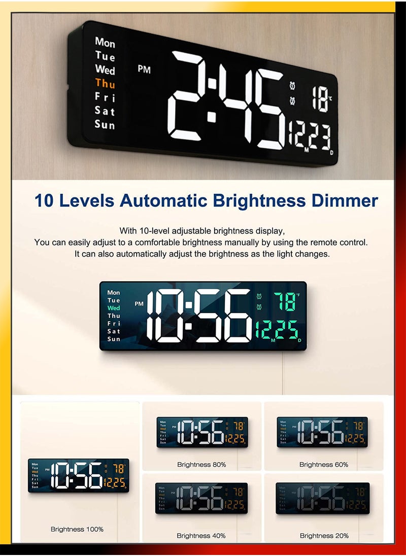 DBLEW Modern Digital 3D LED Wall Mount Alarm Clock Large Display 16.2 Inch Screen Home Office Living Bed Room Decor Big Clock With Remote Control Date Day Week Temperature Count Up Or Down Timer USB Powered  - Image 3