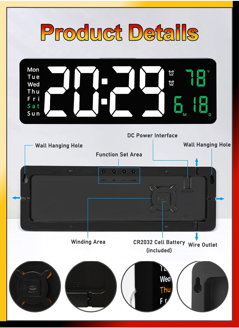 DBLEW Modern Digital 3D LED Wall Mount Alarm Clock Large Display 16.2 Inch Screen Home Office Living Bed Room Decor Big Clock With Remote Control Date Day Week Temperature Count Up Or Down Timer USB Powered  - Image 4