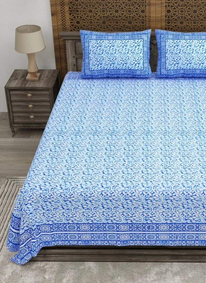 CLOTHOLOGY CLOTHOLOGY Blue & White Floral Printed Pure Cotton 180 TC King Bedsheet with 2 Pillow Covers