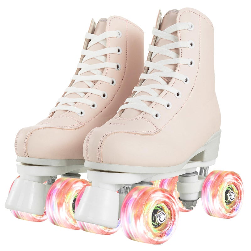 jessie Roller Skates for Women Men Transparent Flash Wheel, High Top PU Leather Classic Double-Row Roller Skates, Indoor Outdoor Roller Skate for Beginner(Pearl Pink, 7 Size) - Image 1