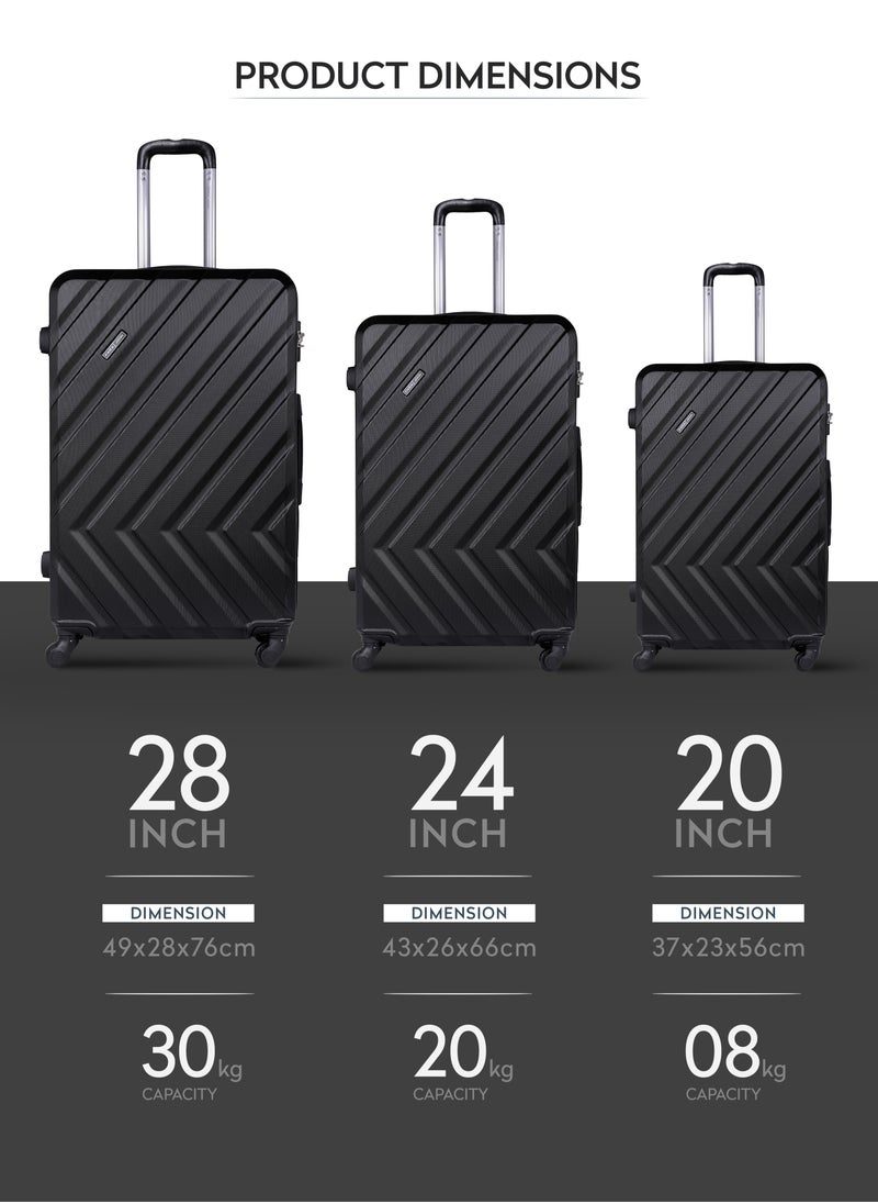PARAJOHN - Chevron Set of 3 ABS Hard Case Luggage Trolley Bag with 4 Spinner Wheels & Lock – Black (Small, Medium & Large) - Image 1