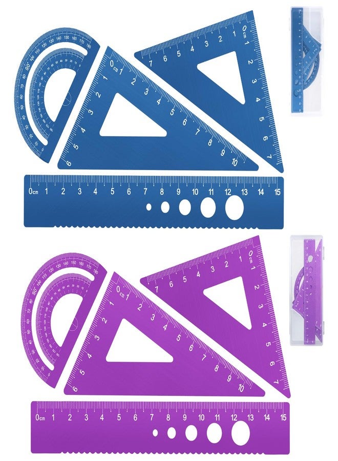 Honagu Triangular Ruler Set, 8 Pieces/2 Sets Aluminum Alloy Ruler, Metal Drafting Ruler, Geometric Protractor for Students, Draftsmen, Engineers, School Office Supplies (Blue+Purple) - Image 1