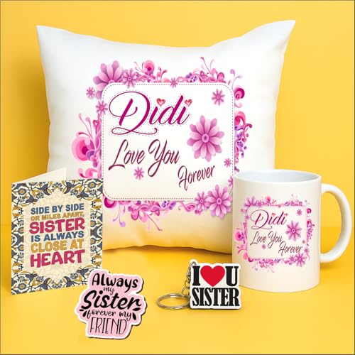 PICRAZEE Birthday | Raksha Bandhan Gift for Sister – 12" Cushion with Filler, Ceramic Mug, Keyring, Fridge Magnet & Greeting Card | Birthday/Raksha Bandhan Gift Set - Image 1
