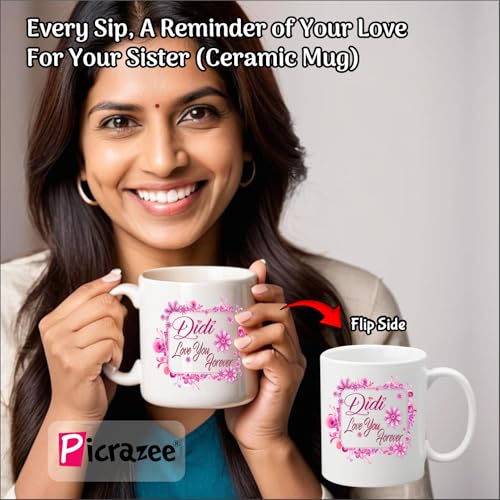 PICRAZEE Birthday | Raksha Bandhan Gift for Sister – 12" Cushion with Filler, Ceramic Mug, Keyring, Fridge Magnet & Greeting Card | Birthday/Raksha Bandhan Gift Set - Image 3