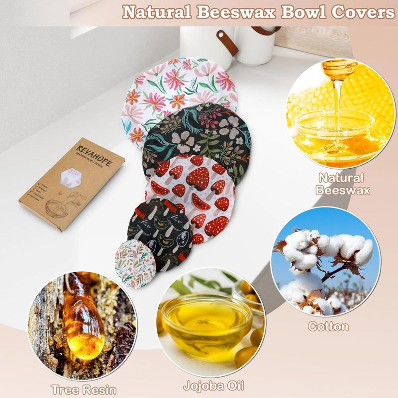 Revahope 5-Size Reusable Beeswax Bowl Covers for Bread Proofing, Cotton Cloth Flexible Beeswax Wraps for Food Storage(Mushroom) - Image 3
