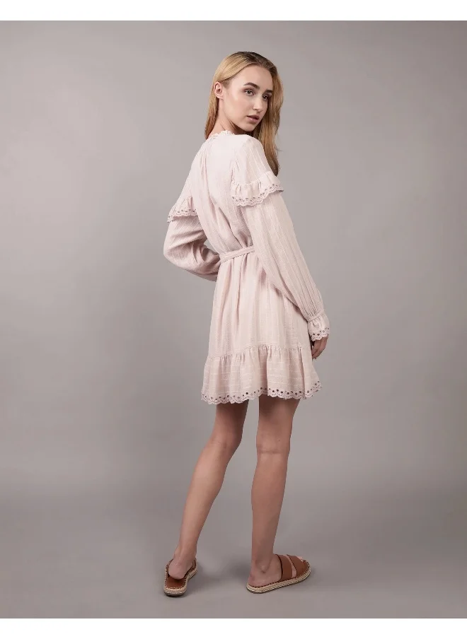 American Eagle AE Long-Sleeve Button-Up Ruffle Mini Dress