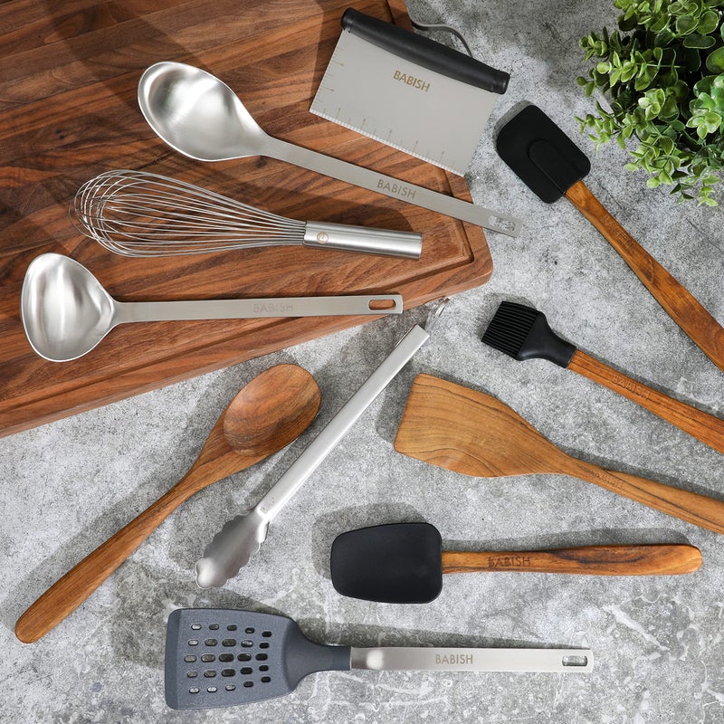 Babish Babish 11 Piece Essential Teak Wood, Silicone, and Stainless Steel Tool Set  - Image 2