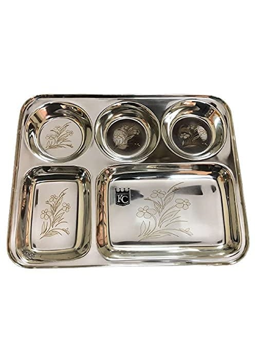 KC - KC Stainless Steel Laser Partition Plate 5 in1 | Bhojan Thali | Dinner Plate Set of 2 - Image 1