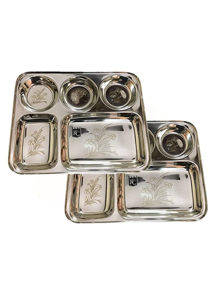 KC - KC Stainless Steel Laser Partition Plate 5 in1 | Bhojan Thali | Dinner Plate Set of 2 - Image 1