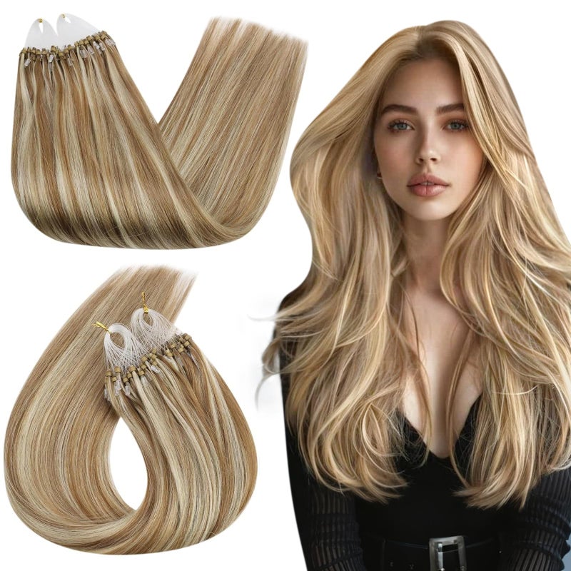 Ugeat Micro Bead Hair Extensions Golden Brown Highlights Bleach Blonde Micro Ring Hair Extensions Human Hair Light Brown 16 Inch 50g 50s - Image 1