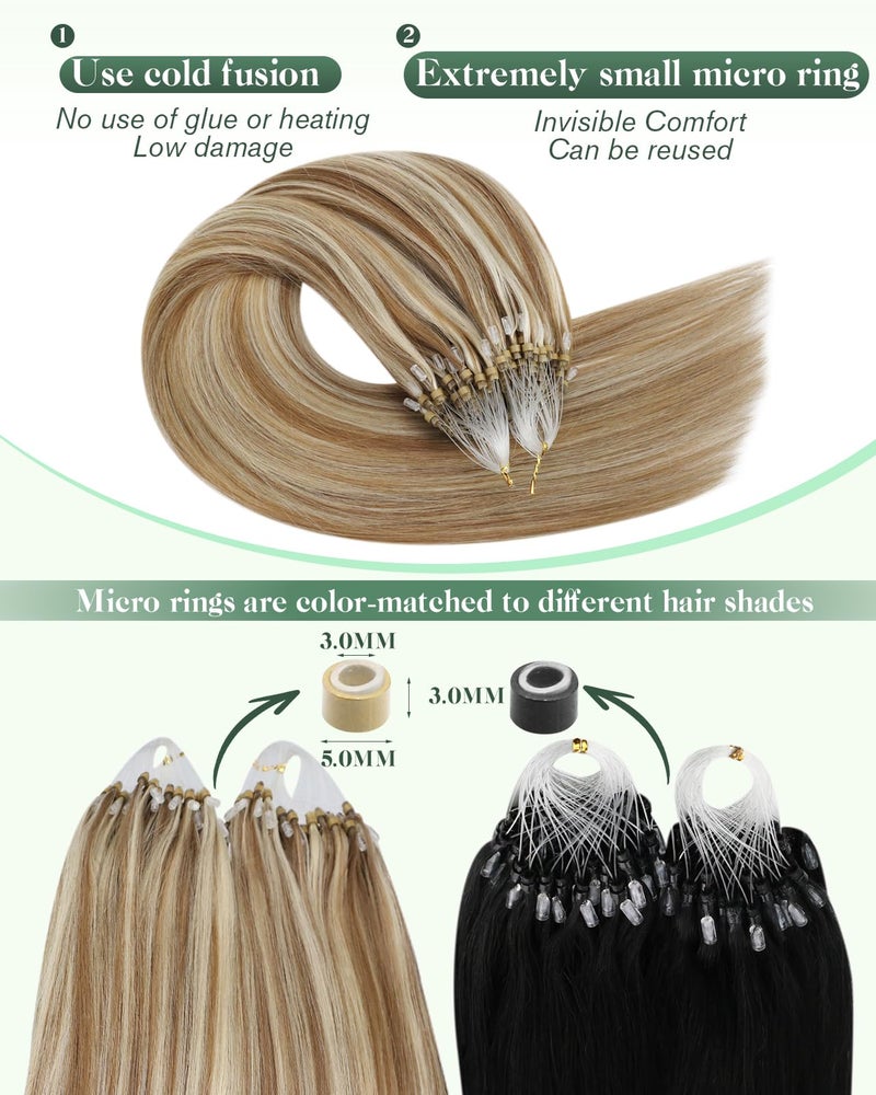 Ugeat Micro Bead Hair Extensions Golden Brown Highlights Bleach Blonde Micro Ring Hair Extensions Human Hair Light Brown 16 Inch 50g 50s - Image 3