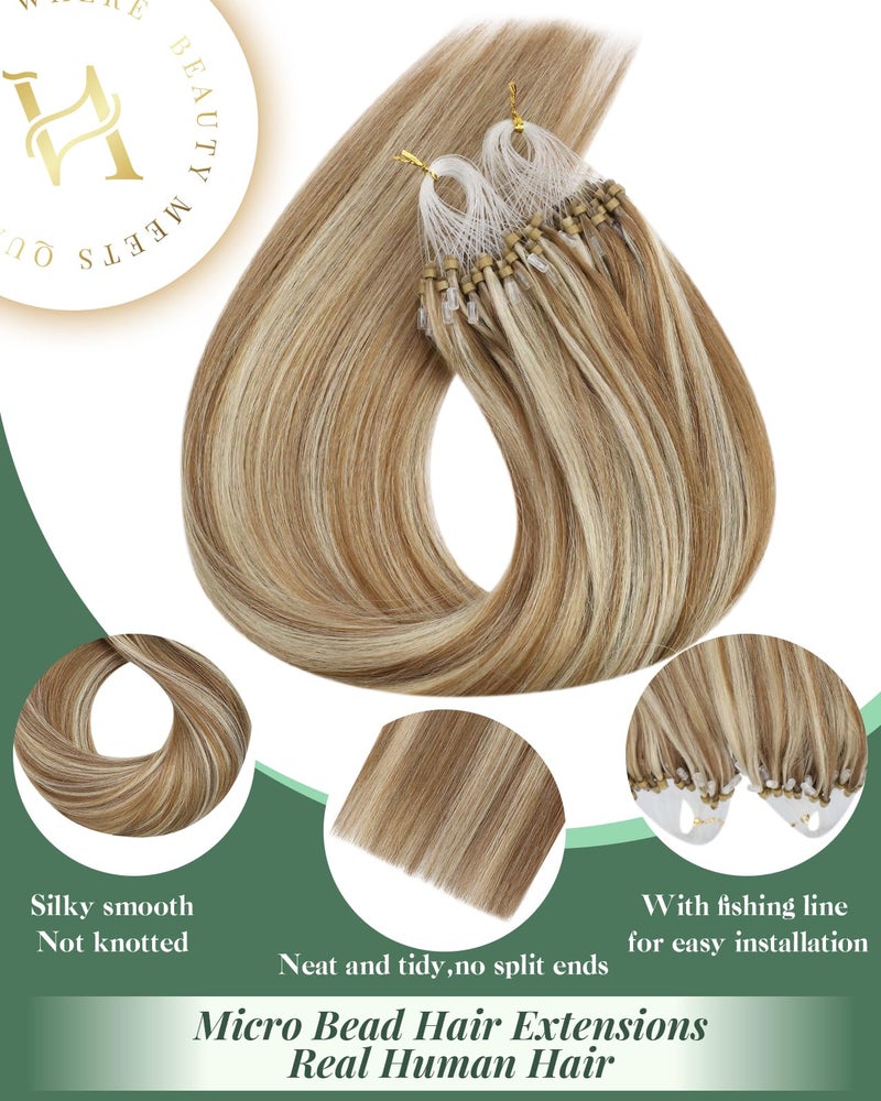 Ugeat Micro Bead Hair Extensions Golden Brown Highlights Bleach Blonde Micro Ring Hair Extensions Human Hair Light Brown 16 Inch 50g 50s - Image 2