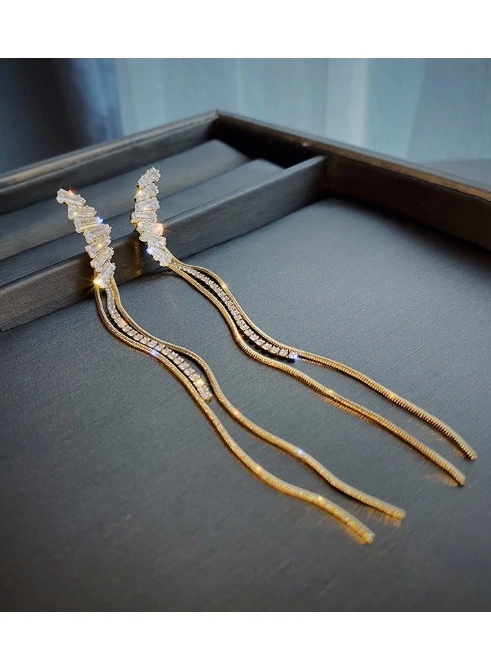 Pin Wings Zirconia Earrings Diamonds Long Tassel Dangle Earrings Jewelry for Women Ear Accessories（Gold） - Image 1