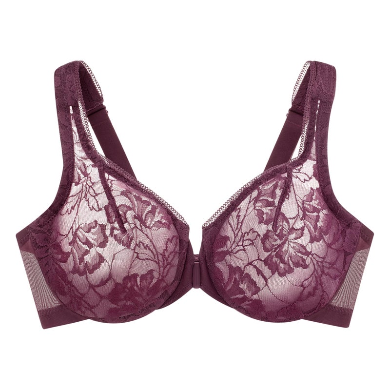 Glamorise Full Figure Plus Size Lacey T-Back Front-Closure Wonderwire Bra Underwire #9246 Black Plum - Image 3