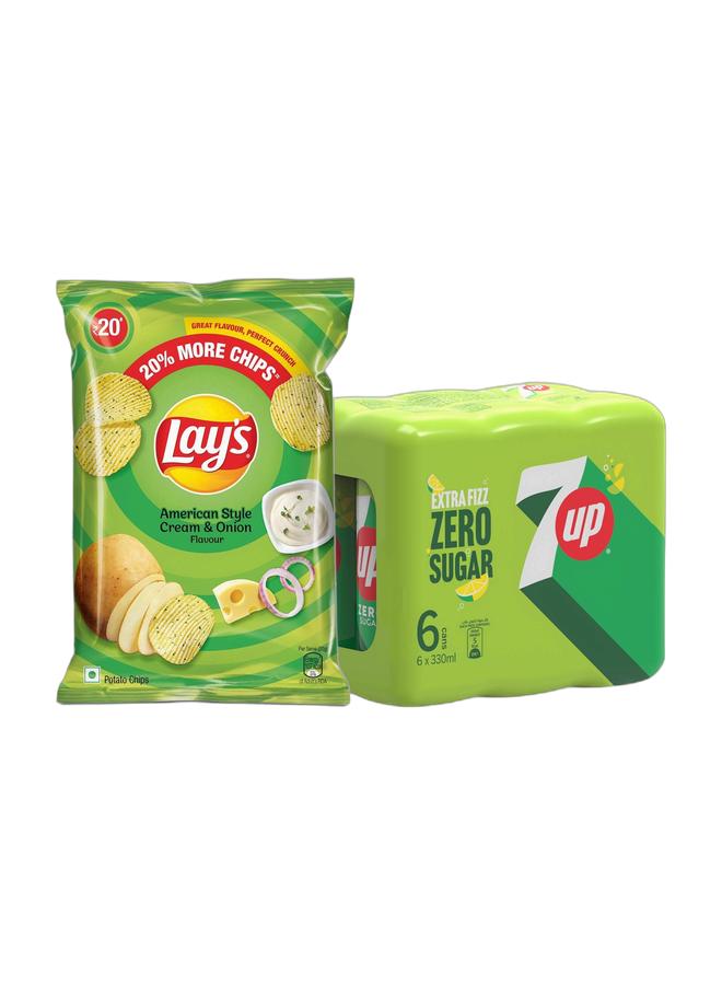 7up بطاطس ليز بنكهة الكريمة والبصل على الطريقة الأمريكية 48 جرام + علبة 7 أب إكسترا فيز زيرو سكر 330 مل عبوة من 6 - Image 1