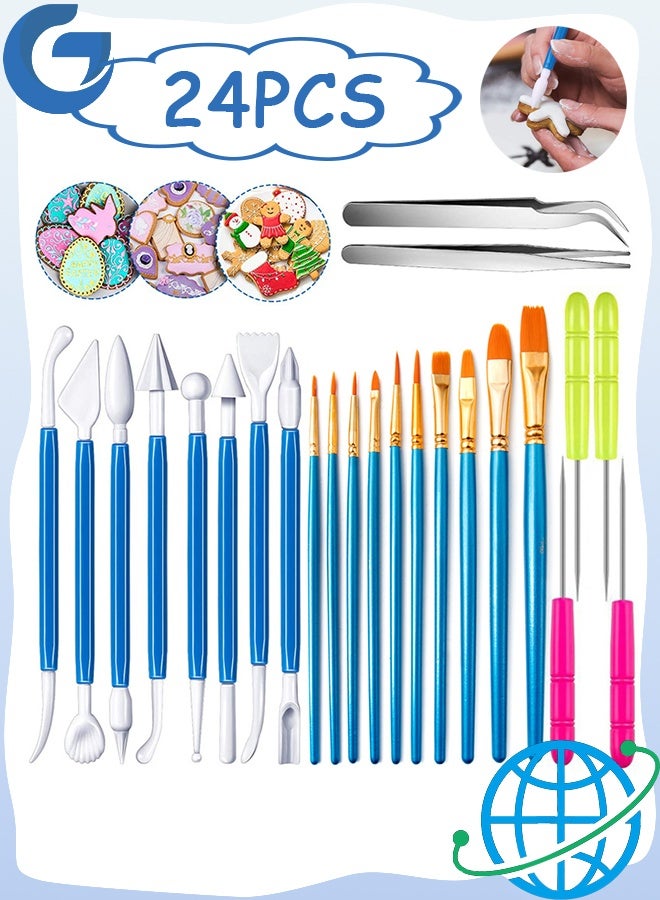 24 Pieces Cookie Decorating Fondant Cake Decorating Tool Set Include Brushes Sugar Stir Needle Fondant Modeling Tool Elbow and Straight Tweezer(Blue) - Image 1