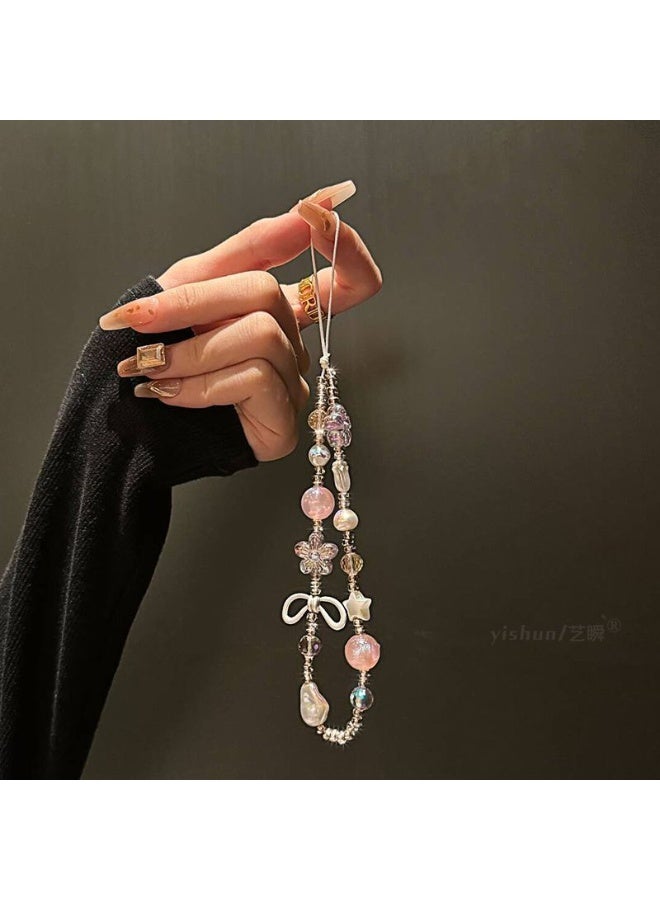 NIBEMINENT Beaded Phone Lanyard, Anti Lost Removable Wrist Strap,Crystal Butterfly Pearl Bracelet Pendant, Phone Keychain Lanyard