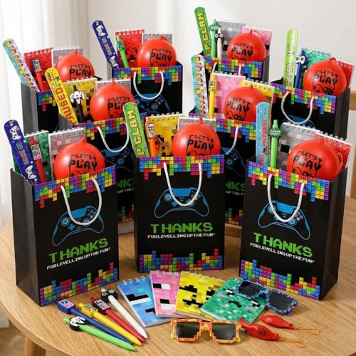 Party Propz هدايا العودة لحفلات عيد الميلاد - 60 قطعة، هدايا العودة بموضوع الألعاب للأطفال من عمر 6-10 سنوات، بالونات قابلة للقرص، قلم، نظارات بكسل، دفتر ملاحظات، أساور صفع، مجموعة قرطاسية هدايا العودة للأطفال من عمر 10-12 سنة - Image 1