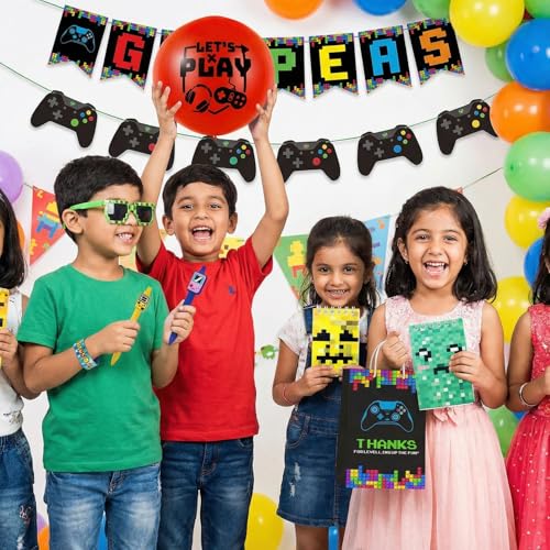Party Propz هدايا العودة لحفلات عيد الميلاد - 60 قطعة، هدايا العودة بموضوع الألعاب للأطفال من عمر 6-10 سنوات، بالونات قابلة للقرص، قلم، نظارات بكسل، دفتر ملاحظات، أساور صفع، مجموعة قرطاسية هدايا العودة للأطفال من عمر 10-12 سنة - Image 4