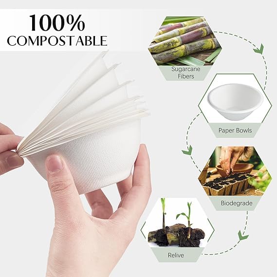 SANWALSA [250 ml, 25 Count, Round, White Compostable Bagasse Bowls | Disposable Eco-Friendly Sugarcane Paper Bowl for Party, Wedding, Events | Ideal for Soups, Snacks, Ice-Cream & Desserts - Image 2