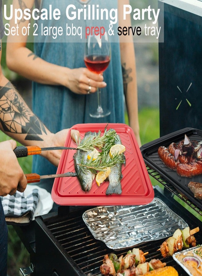 ECOIOU Large Grilling Prep and Serve Trays, 17" x 10.5" x 1.2" BBQ Platters for Raw and Cooked Food, Melamine Serving Trays for Food, Set of 2, Black and Red, Cleaning Pack Included - Image 2