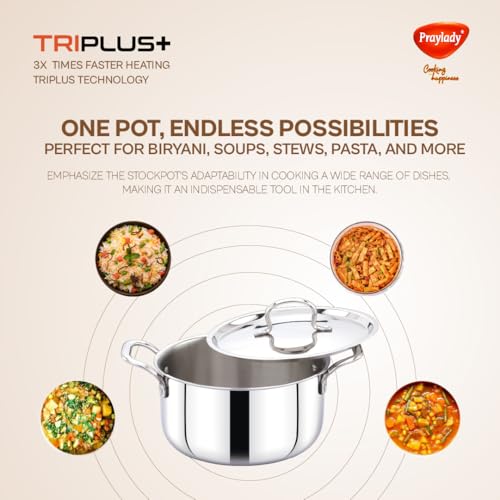 Praylady TRIPLUS+ Triply Stainless Steel Stock Pot 28 cm | 9.2 L | Biryani | Handi | Casserole | Patila | Soup | Curry | Induction & Gas Compatible | with Lid - Image 3