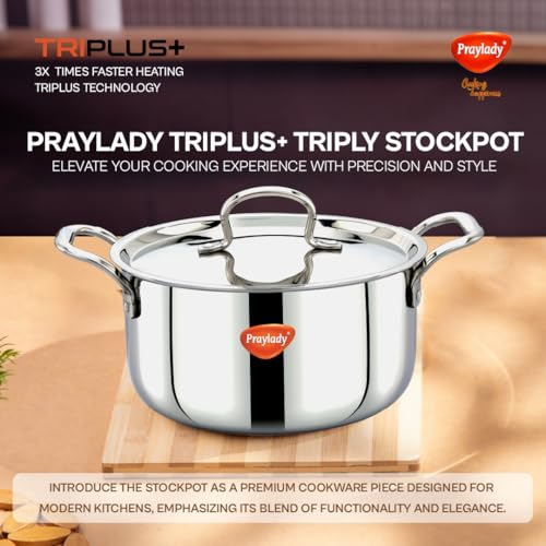 Praylady TRIPLUS+ Triply Stainless Steel Stock Pot 28 cm | 9.2 L | Biryani | Handi | Casserole | Patila | Soup | Curry | Induction & Gas Compatible | with Lid - Image 2