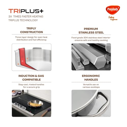 Praylady TRIPLUS+ Triply Stainless Steel Stock Pot 28 cm | 9.2 L | Biryani | Handi | Casserole | Patila | Soup | Curry | Induction & Gas Compatible | with Lid - Image 5