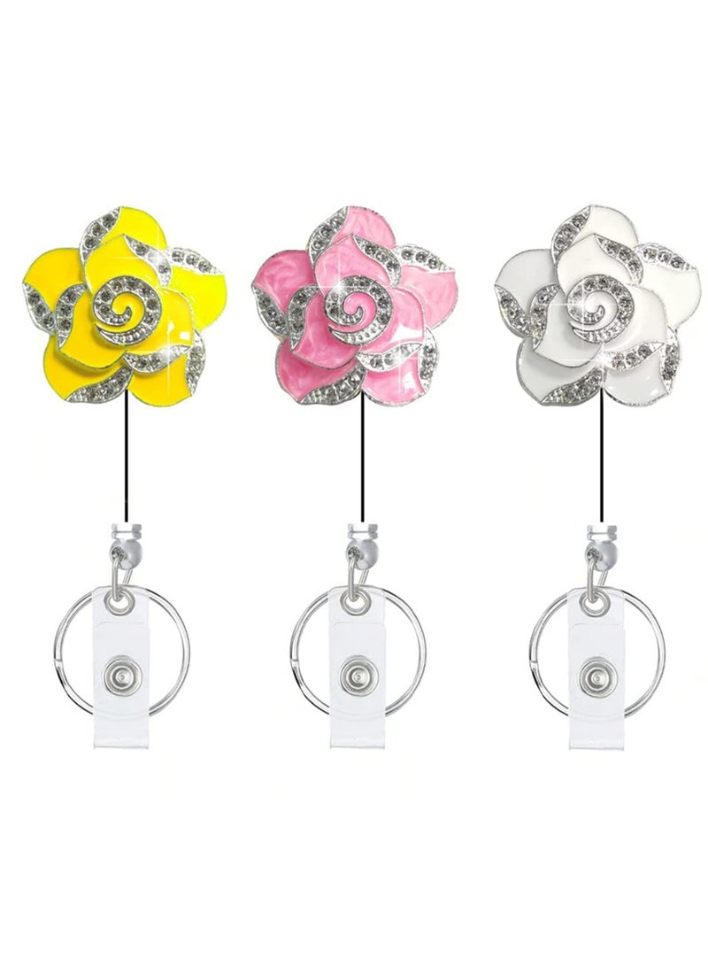 Generic ID Badge Reel Holder, 3 Pcs Retractable Flowers Badge ID Clip Lanyard with Alligator Clip Key Ring Cute Card Holder for Nurse Volunteer Doctors Teacher Student Office Worker (Yellow Pink White)  - Image 1